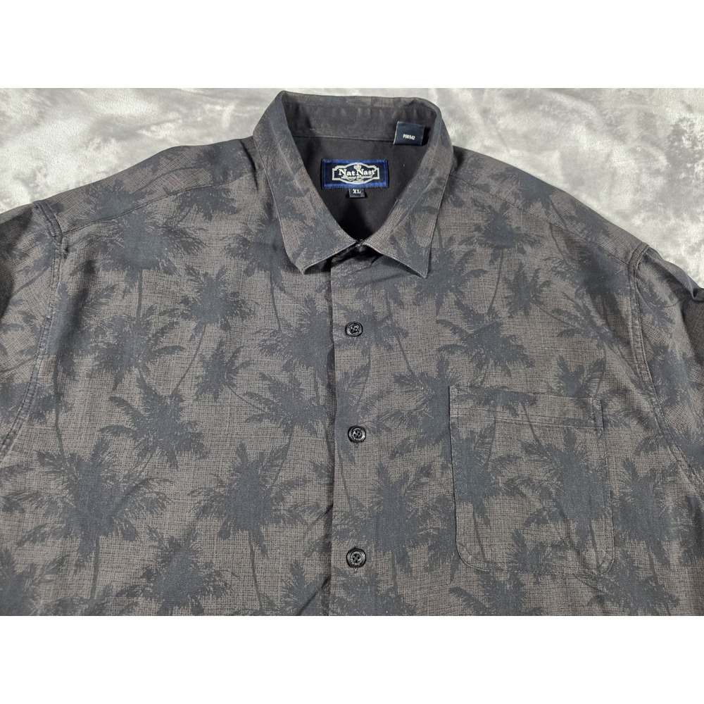 Nat Nast Button Shirt XL Silk Blend Black Palm Tree Pattern, Hawaiian, Tropical